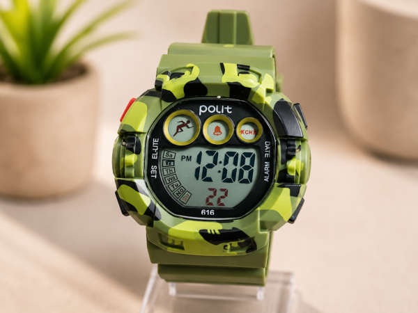 Ceas copii, afișaj electronic, cronometru, dată, alarmă/F1, rezistent la apă, Verde militar
