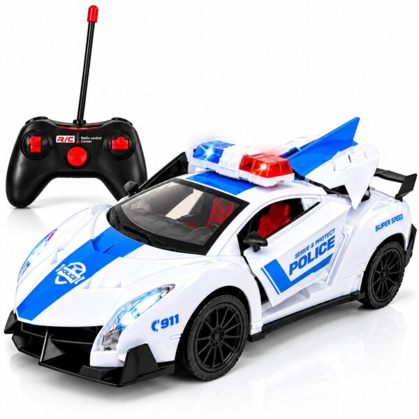 Mașină de poliție cu telecomandă pentru copii, cu lumini, 3+ ani, albastru