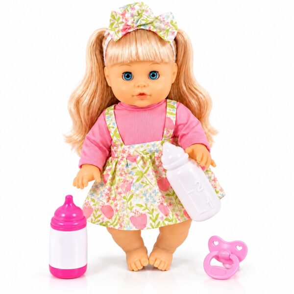 Păpușă cu rochiță, biberon și suzetă, 6 sunete, 3+ ani