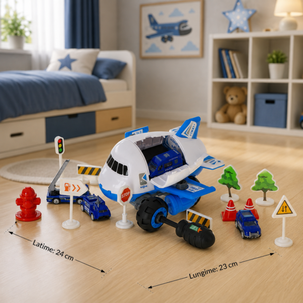 Jucărie set construcție Avion cu 4 mașinuțe, accesorii și covor pistă