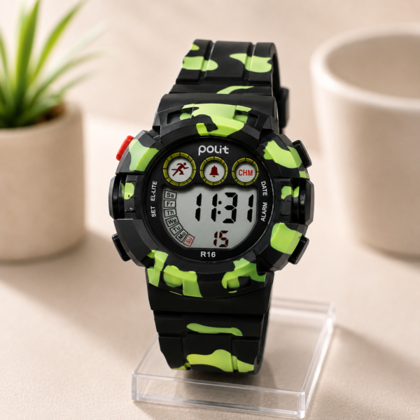 Ceas Copii, Afisaj Electronic, Cronometru, Data, Alarma/F1, Rezistent la Apa, Negru/Verde