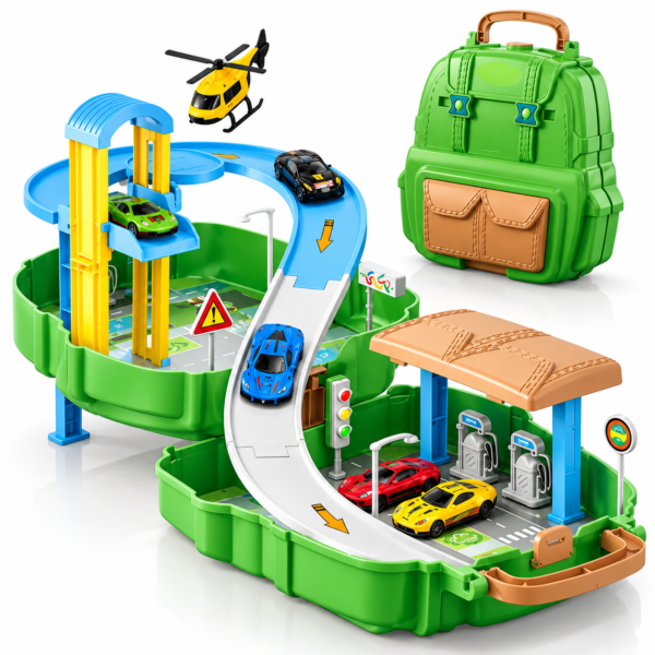Set rucsac cu pistă, mașinuțe si elicopter, 37 piese, 3+ ani