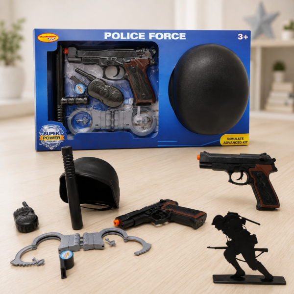 Set poliție cu pistol, cască, baston, cătușe, fluier și stație, 6 Piese